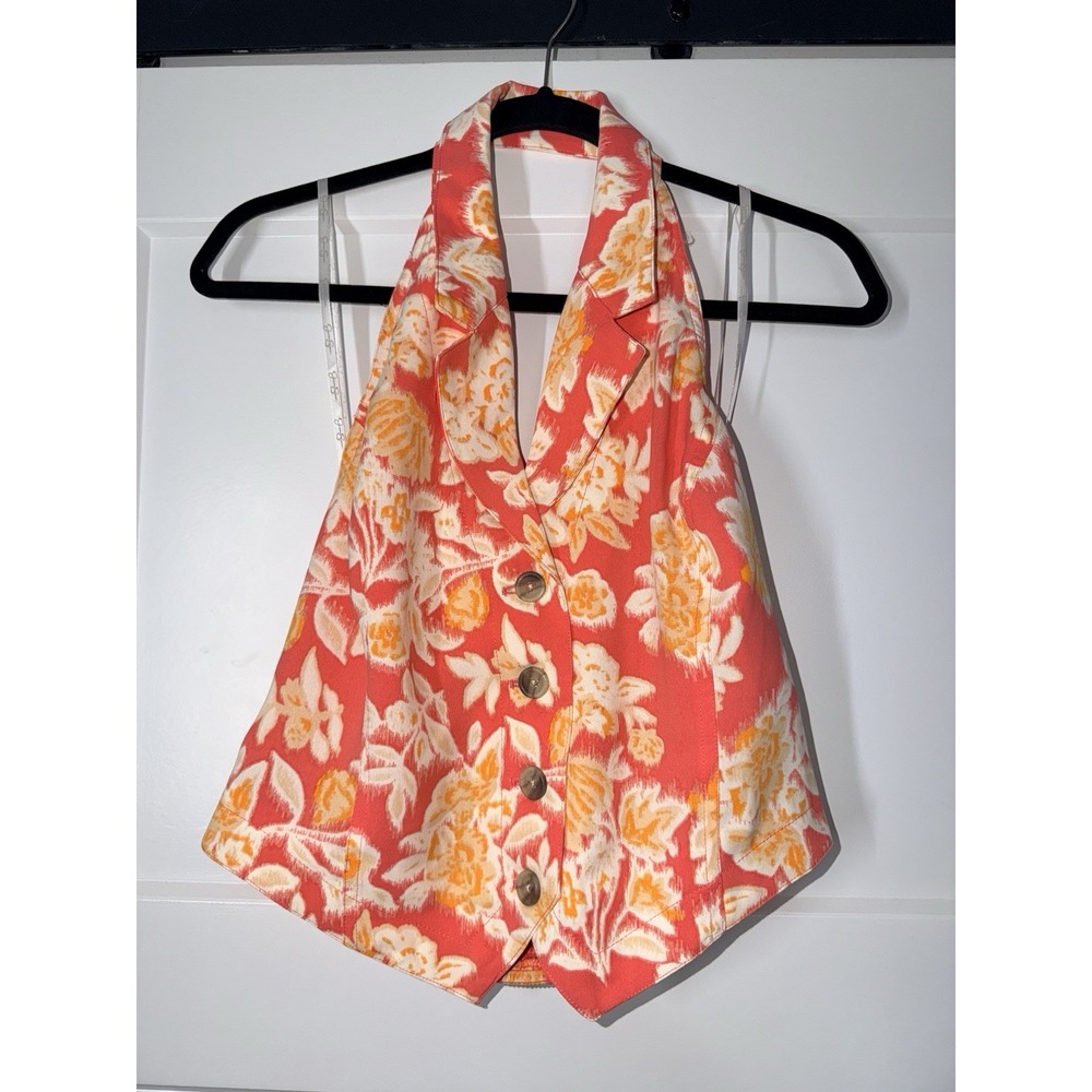 Jessica Simpson Floral Halter Vest Top Women's M Pink Button Front Spring 2025